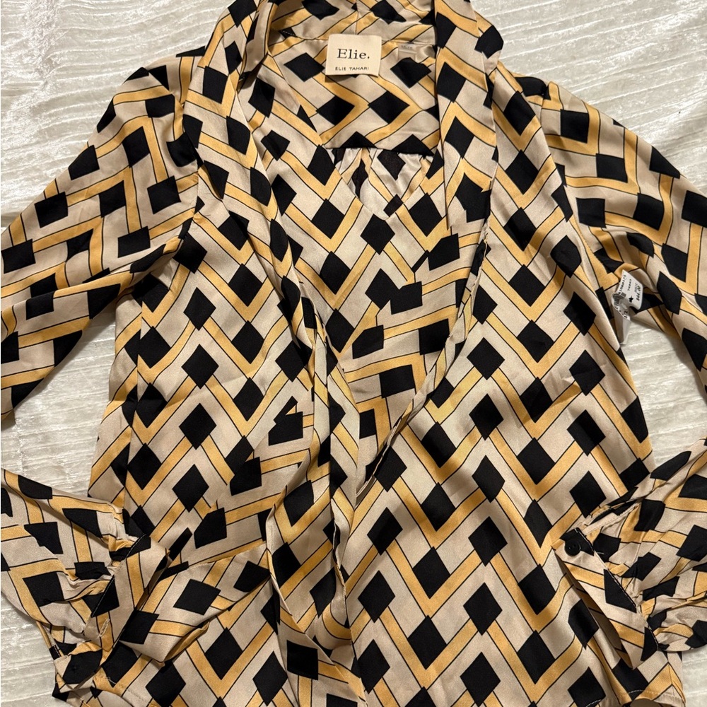 Elie Tahari Women's Geometric Black and Tan Top
